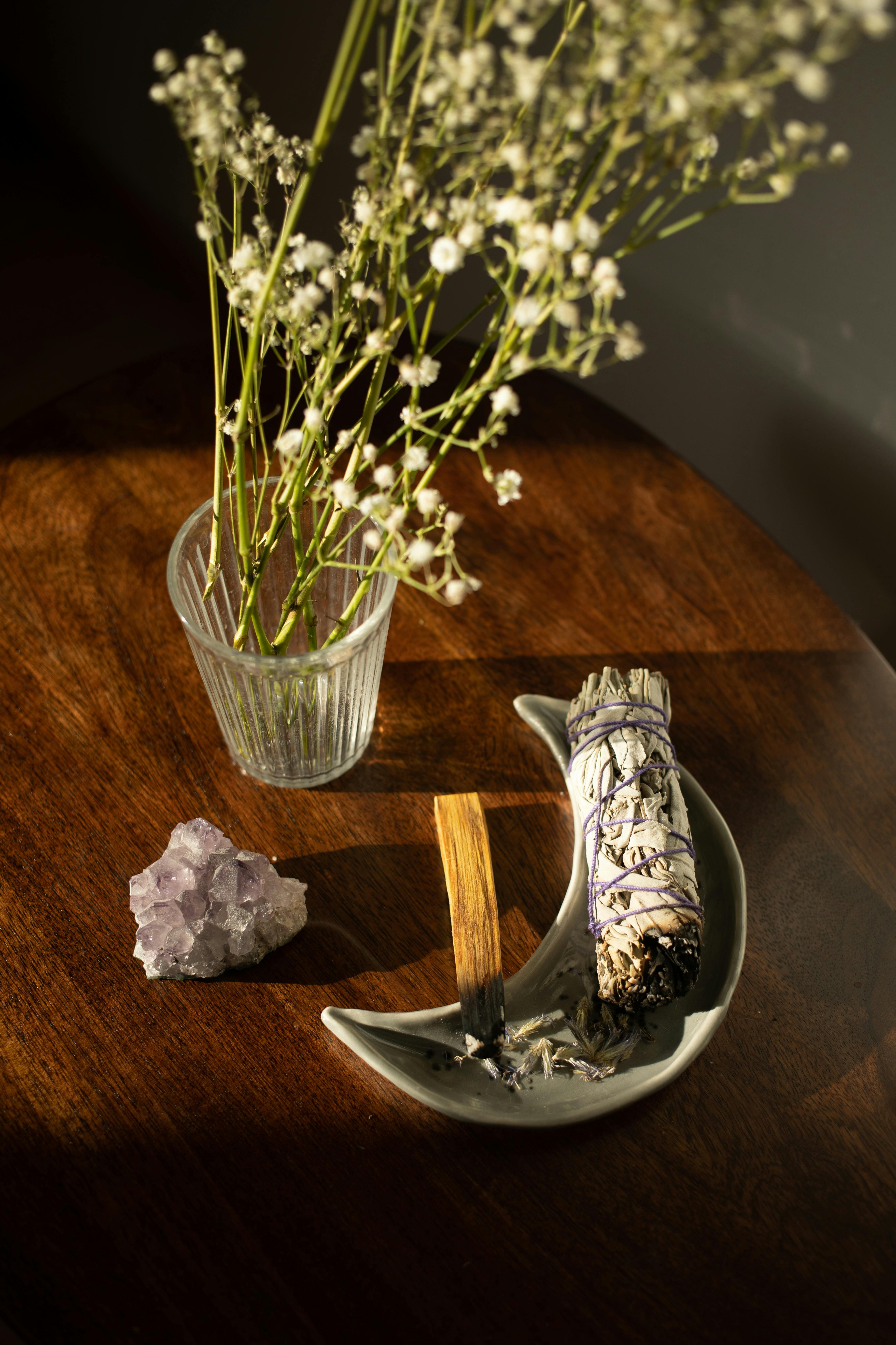 Warm dining surface styled with natural materials